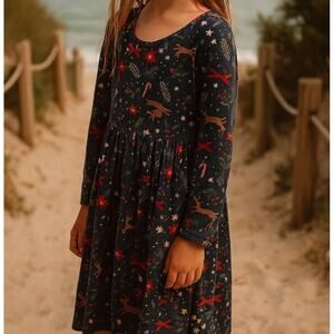 Hanna Andersson Navy Christmas Print Long Sleeve Knit Dress  girls 12